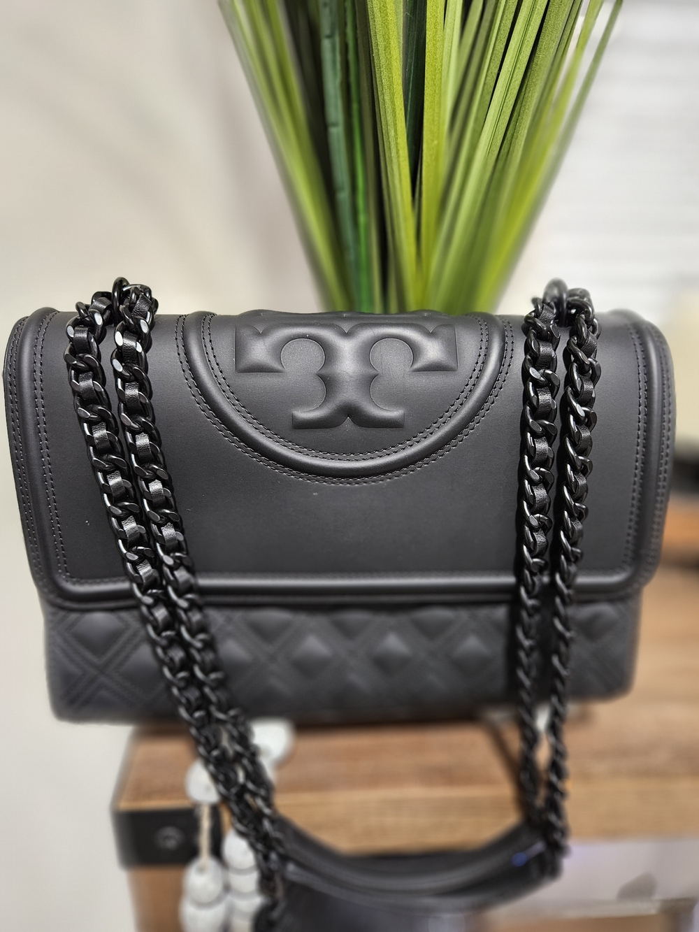 Tory Burch Matte Black Quilted-Panel Chain Shoulder Bag